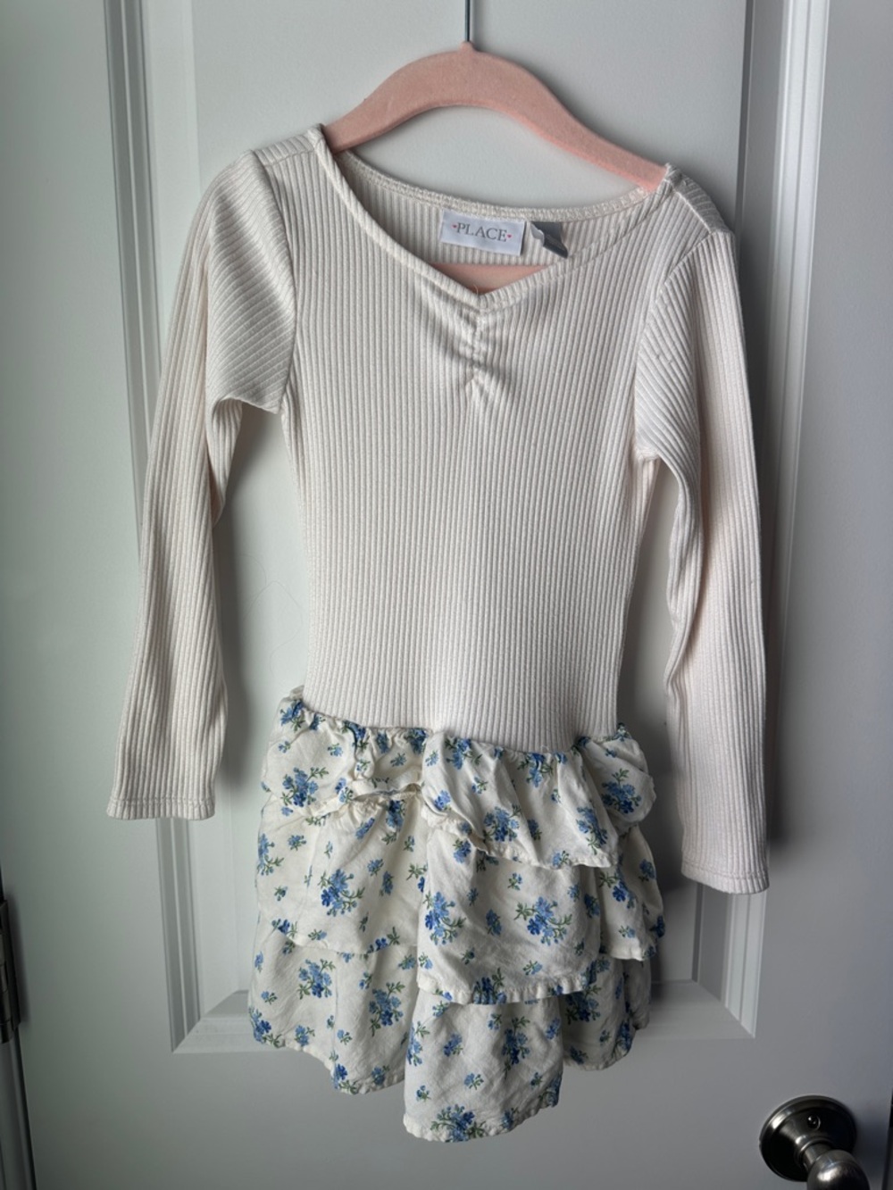The Children's Place Cream Ribbed Long-Sleeve Top with Blue Floral Ruffle Skirt